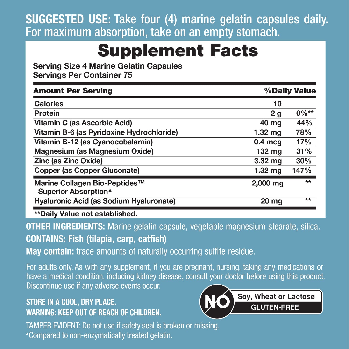 Marine Collagen Peptides + Hyaluronic Acid, 300 Fish Gelatin Capsules