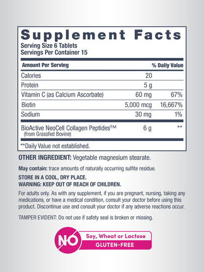 Grassfed Collagen Peptides + C & Biotin, 6000 mg, 90 Tablets