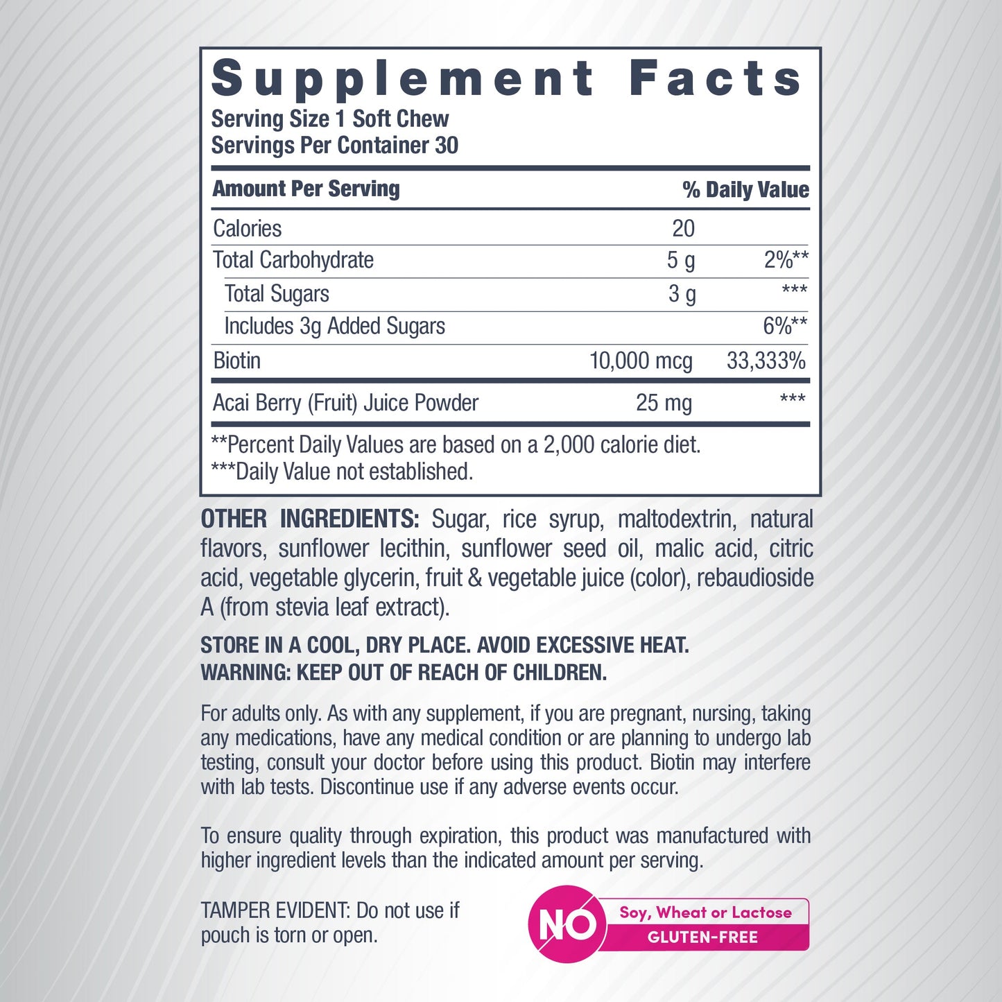 Biotin Beauty Acai Berry Flavor, 30 Tasty Soft Chews
