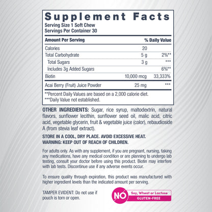 Biotin Beauty Acai Berry Flavor, 30 Tasty Soft Chews