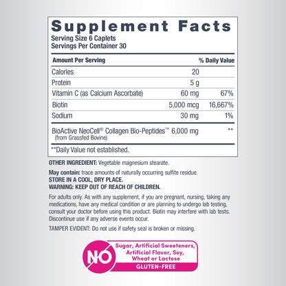 Grassfed Collagen Peptides  + C & Biotin, 6000 mg, 180 Caplets
