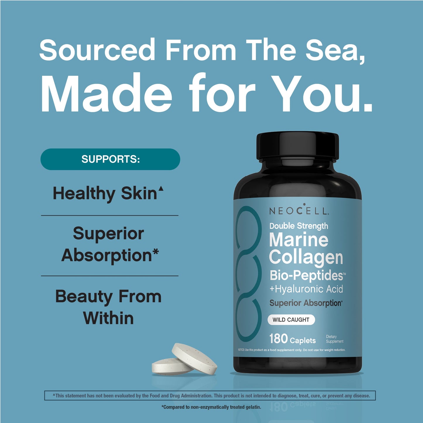 Marine Collagen Bio-Peptides Double Strength + Hyaluronic Acid, 180 Caplets