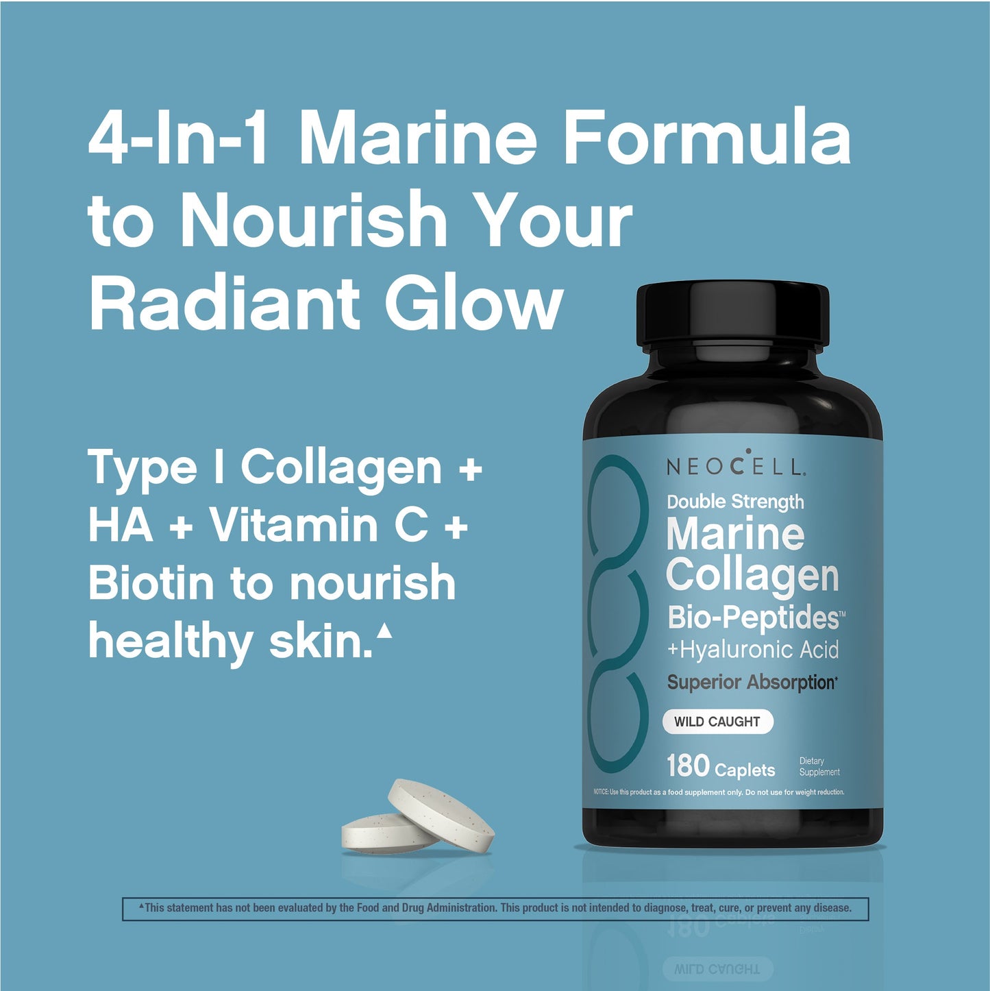 Marine Collagen Bio-Peptides Double Strength + Hyaluronic Acid, 180 Caplets