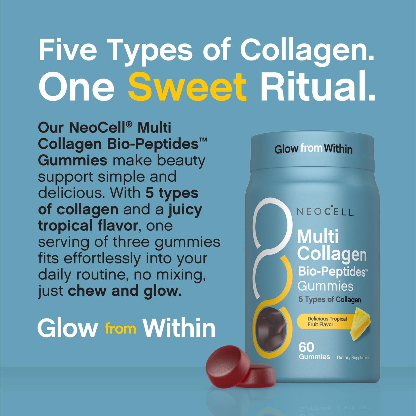 Multi Collagen Bio-Peptides Gummies Tropical Fruit Flavor, 60 Tasty Gummies
