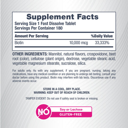 Biotin 10,000 MCG Fast Dissolve, 180 Fast Dissolve Tablets