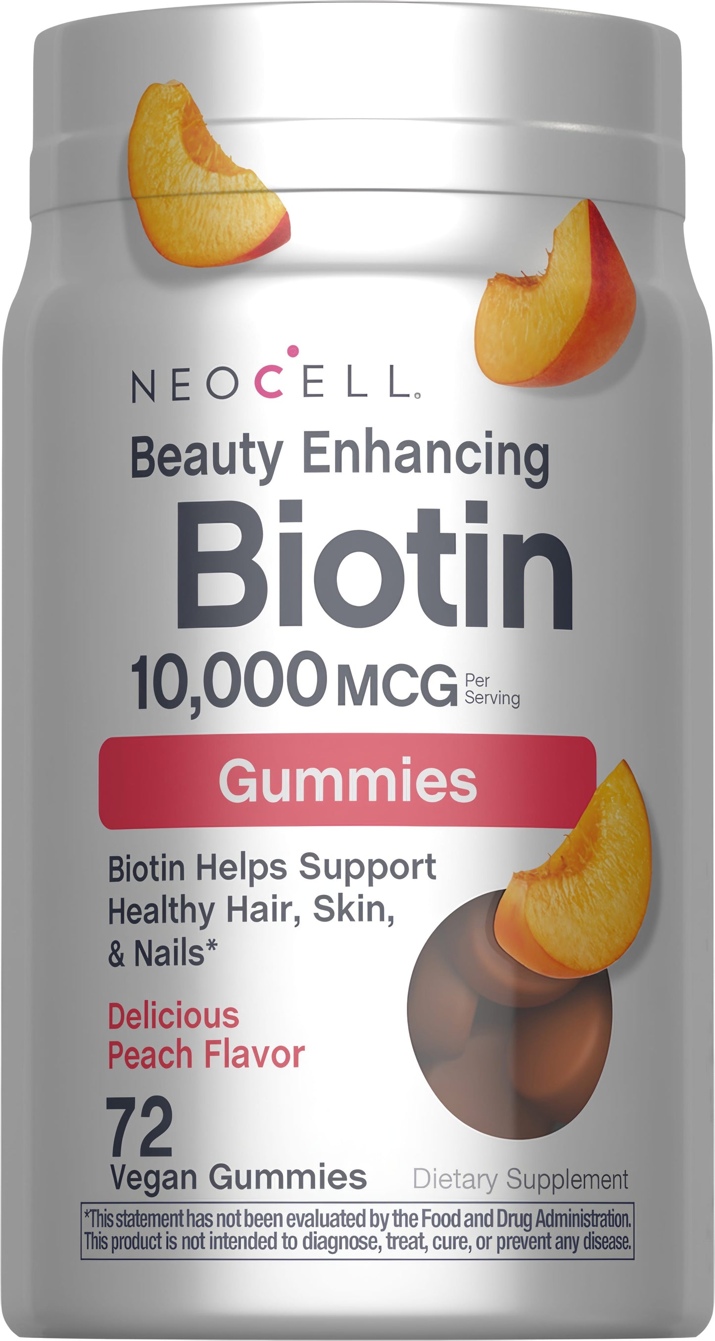 Biotin 10,000 mcg Gummies Peach Flavor, 72 Tasty Vegan Gummies