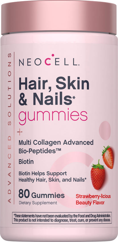 Hair, Skin & Nails + Multi Collagen Bio-Peptides Gummies Strawberry-licious Beauty Flavor, 80 Tasty Gummies